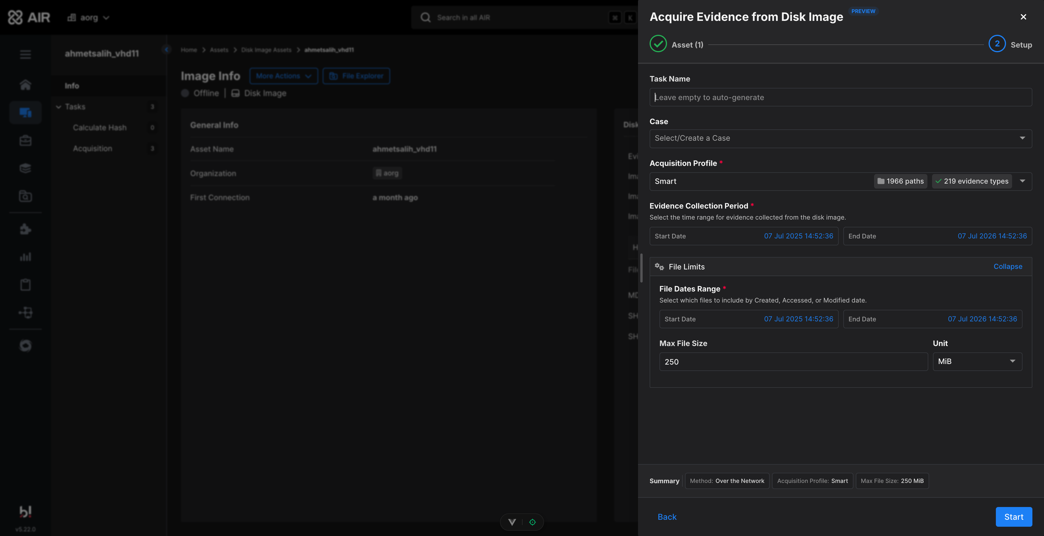 Setup step with task name, case, acquisition profile, evidence collection period and file limits